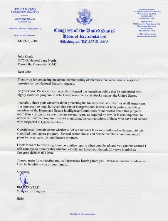 Jim Ramstad's Response Letter